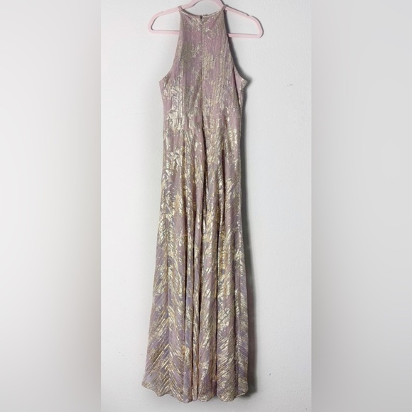 Aqua Formal Floral Print Foil Halter Gown Metallic Gold Beige size 10 - Picture 5 of 16